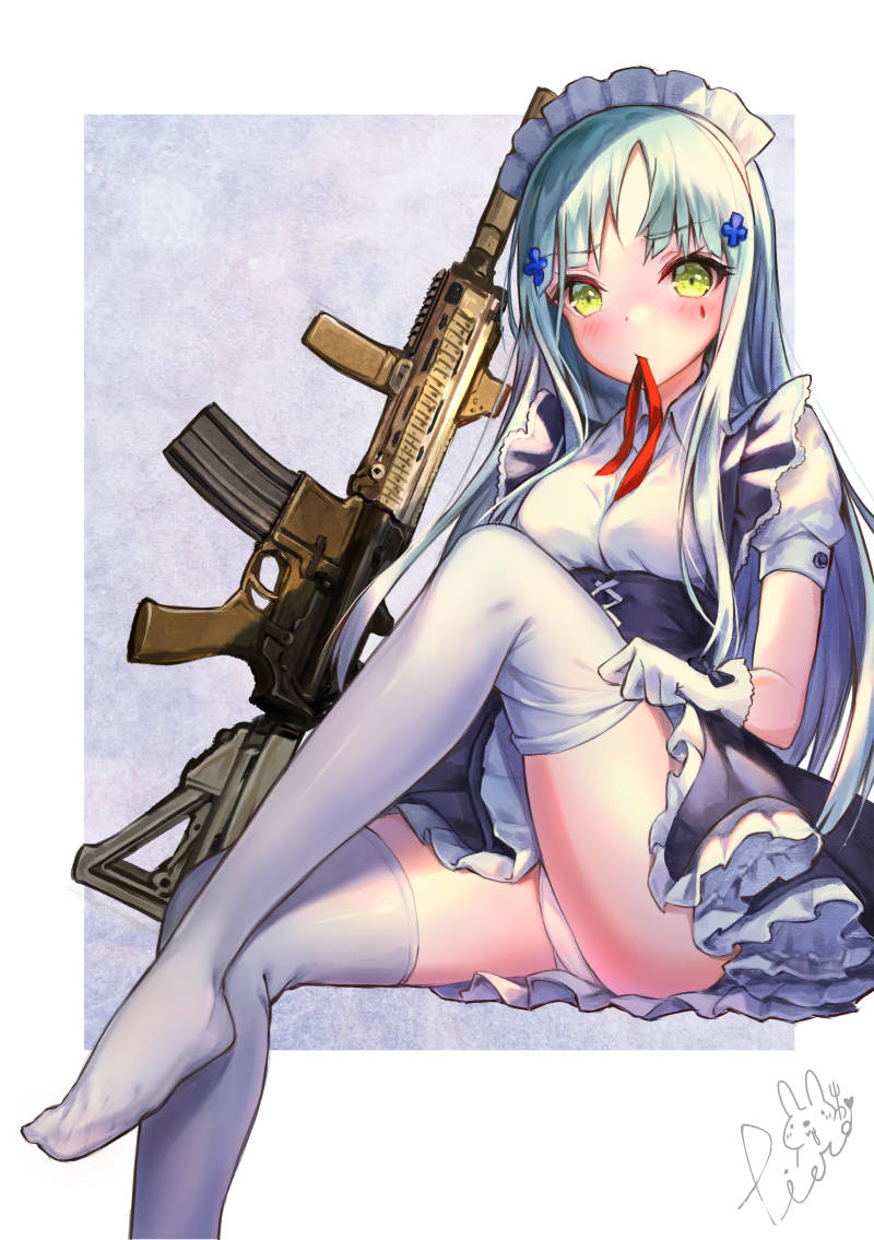 1girl adjusting_clothes adjusting_legwear alternate_costume artist_name ass assault_rifle bangs blush breasts dress enmaided eyebrows_visible_through_hair facial_mark feet_out_of_frame frilled_dress frills girls_frontline gloves green_eyes gun hair_ornament heckler_&amp;_koch hk416 hk416_(girls_frontline) leg_up long_hair looking_at_viewer maid maid_headdress mouth_hold no_shoes outside_border panties pantyshot pantyshot_(sitting) pierorabu red_ribbon ribbon ribbon_in_mouth rifle short_sleeves signature silver_hair sitting small_breasts solo thigh-highs tsurime underbust underwear weapon white_gloves white_legwear white_panties wing_collar