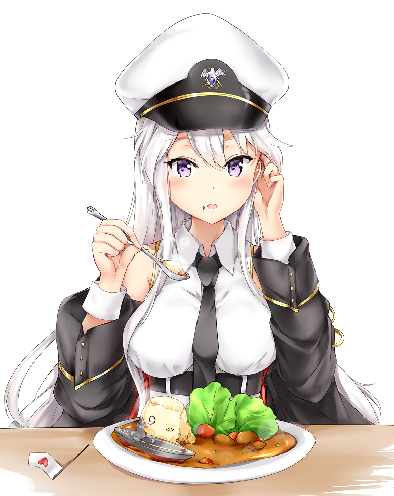 1girl azur_lane bangs bare_shoulders belt black_jacket black_neckwear blush breasts collared_shirt eating enterprise_(azur_lane) eyebrows_visible_through_hair food food_on_face hair_between_eyes hair_over_shoulder hand_in_hair hat heart holding holding_spoon ikasoke_(likerm6au) jacket large_breasts long_hair looking_at_viewer necktie peaked_cap shirt sidelocks silver_hair simple_background sleeve_cuffs sleeveless sleeveless_shirt solo very_long_hair violet_eyes white_background white_shirt wing_collar