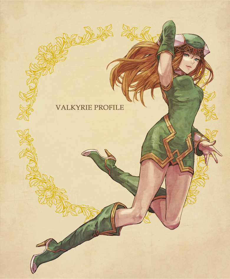 1girl 86_(pixiv) blonde_hair blue_eyes boots breasts detached_sleeves dress elbow_gloves freya_(valkyrie_profile) gloves green_footwear hat long_hair looking_at_viewer medium_breasts mochikko_(cocoa0101) simple_background skirt solo valkyrie_profile