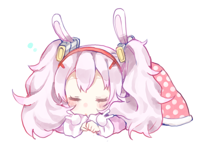 1girl :o animal_ears azur_lane bangs blush closed_eyes eyebrows_visible_through_hair hair_ornament hairband jacket laffey_(azur_lane) long_hair long_sleeves lying on_stomach parted_lips pink_jacket polka_dot rabbit_ears red_hairband shijimi_kozou silver_hair simple_background sleeves_past_wrists solo white_background