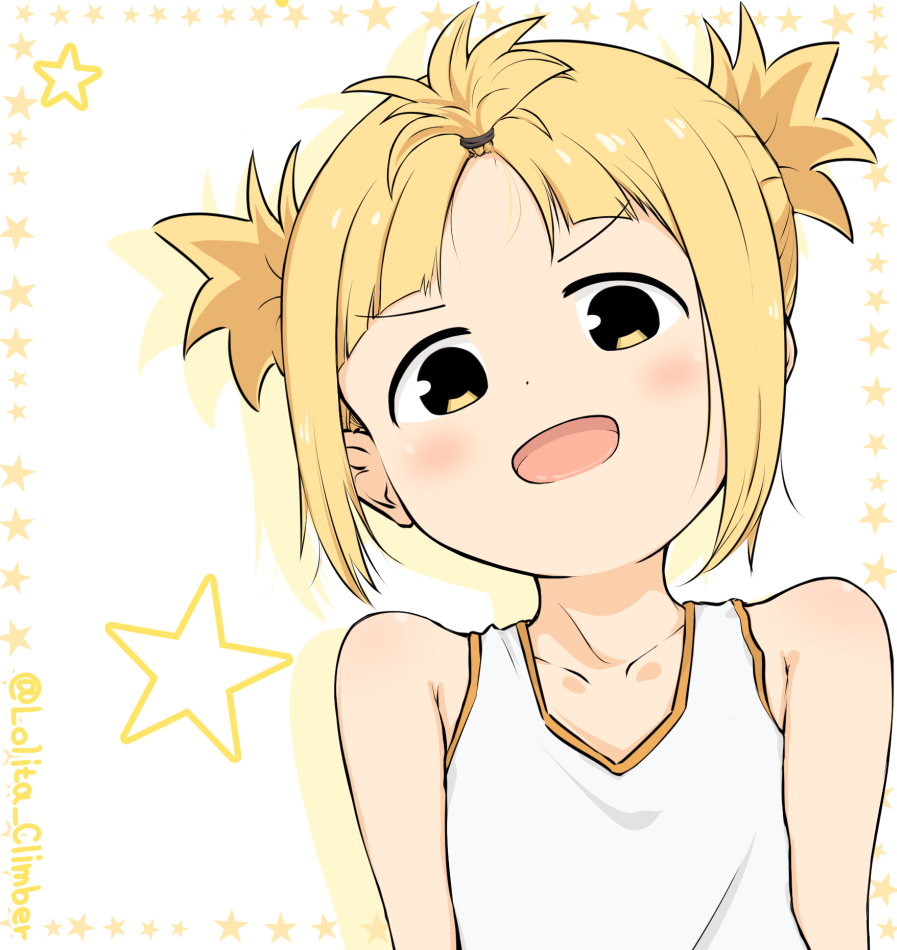 &gt;:d 1girl bangs_pinned_back bare_shoulders blonde_hair collarbone commentary_request cosplay forehead head_tilt kise_sacchan look-alike mitsuboshi_colors open_mouth seiyuu_connection shakunetsu_no_takkyuu_musume short_hair short_twintails silhouette smile solo star starry_background tank_top tenka_hanabi tenka_hanabi_(cosplay) twintails twitter_username upper_body yellow_eyes youjo_climber