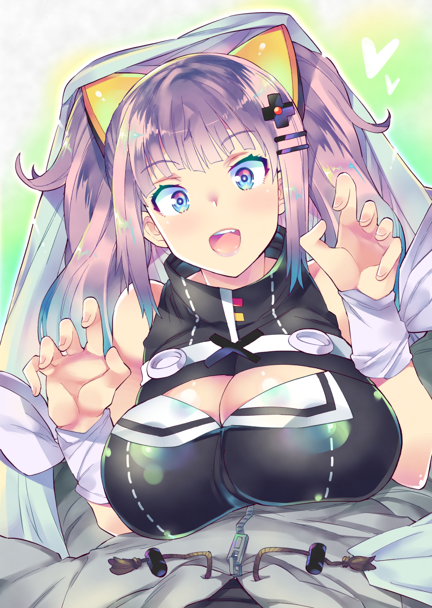 1girl bare_shoulders blue_eyes breasts cleavage fang hair_ornament hairclip highres kaguya_luna kaguya_luna_(character) large_breasts long_hair looking_at_viewer pants pov purple_hair reaching smile solo solo_focus takano_itsuki virtual_youtuber zipper