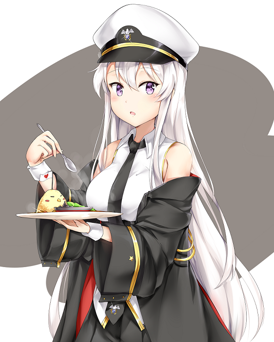 1girl azur_lane bangs bare_shoulders belt black_jacket black_neckwear black_skirt blush breasts collared_shirt eating enterprise_(azur_lane) eyebrows_visible_through_hair hair_between_eyes hair_over_shoulder hand_in_hair hat heart holding holding_spoon holding_tray ikasoke_(likerm6au) jacket large_breasts long_hair looking_at_viewer miniskirt necktie peaked_cap pleated_skirt shirt sidelocks silver_hair simple_background skirt sleeve_cuffs sleeveless sleeveless_shirt solo tray very_long_hair violet_eyes white_shirt wing_collar