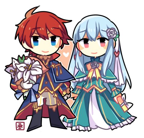 1boy 1girl artist_request blue_eyes blue_hair cape chibi dress eliwood_(fire_emblem) fire_emblem fire_emblem:_rekka_no_ken fire_emblem_heroes flower hair_ornament long_hair looking_at_viewer lowres mamkute ninian red_eyes redhead short_hair smile