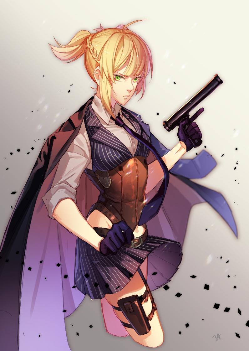 1girl ahoge artist_name bangs belt black_gloves black_jacket black_neckwear blonde_hair blush braid breasts buckle closed_mouth collared_shirt corset cropped_legs expressionless eyebrows_visible_through_hair floating_hair girls_frontline gloves green_eyes gun half_gloves high_collar hip_bones holding holster jacket jacket_on_shoulders looking_at_viewer medium_breasts midriff_peek miyo necktie open_clothes open_jacket serious shirt short_hair sidelocks simple_background skirt sleeves_rolled_up solo striped_vest thigh_holster thigh_strap trigger_discipline tsurime twintails underbust weapon welrod_mk2 welrod_mk2_(girls_frontline) wind wind_lift