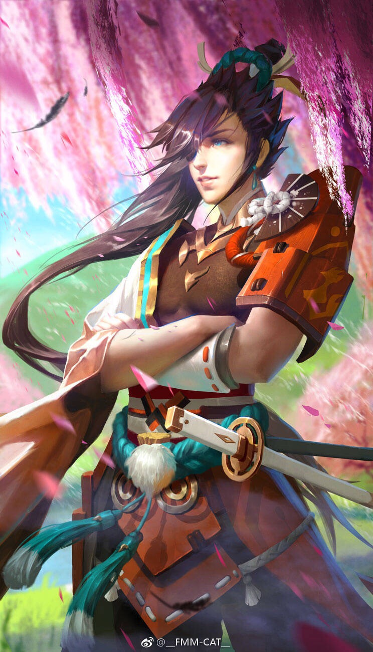 1boy artist_name black_hair blue_eyes c-a-t_c-a-t cherry_blossoms earrings eyepatch flower highres japanese_clothes jewelry katana long_hair male_focus minamoto_no_hiromasa onmyoji ponytail solo sword teeth tree weapon