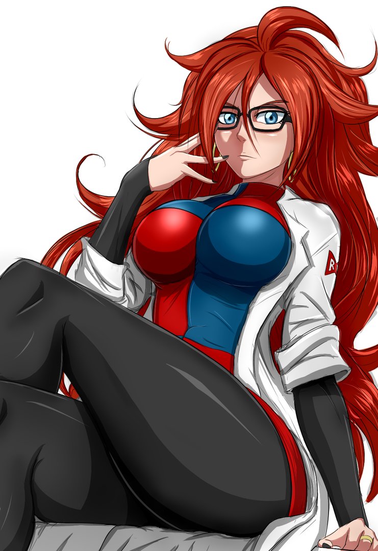 1girl android android_21 arm_support black-framed_eyewear black_nails blue_eyes breasts brown_hair checkered checkered_dress dragon_ball dragon_ball_fighterz dress earrings eyelashes glasses hoop_earrings jewelry labcoat large_breasts legs legs_crossed long_hair looking_at_viewer nail_polish ring sitting solo thick_thighs thighs