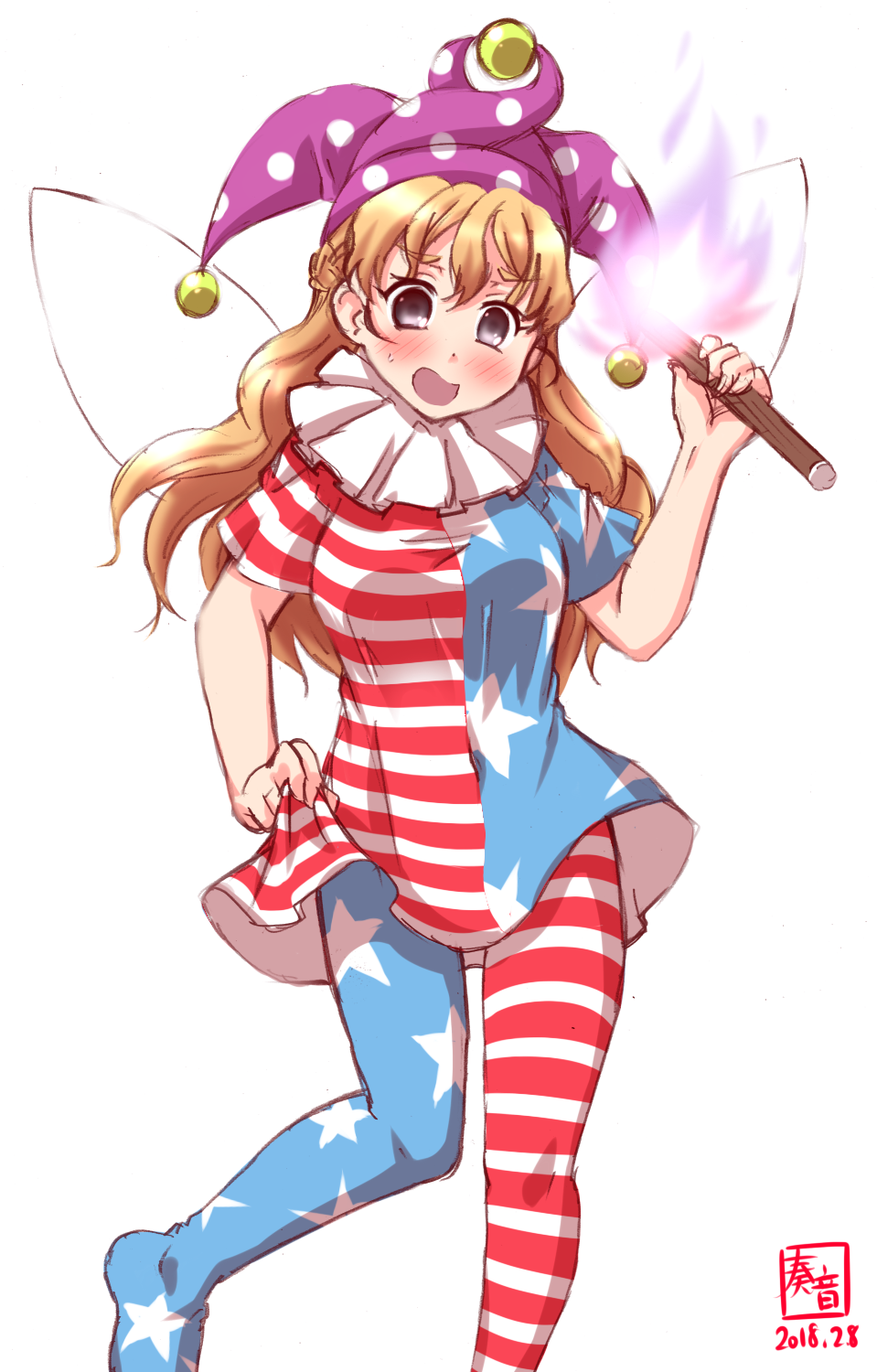 1girl :d alternate_costume american_flag american_flag_dress american_flag_legwear blonde_hair blush braid clownpiece clownpiece_(cosplay) commentary_request cosplay curly_hair dress dress_lift fairy_wings fire french_braid grey_eyes hat highres holding jester_cap kanon_(kurogane_knights) kantai_collection lifted_by_self long_hair looking_at_viewer open_mouth pantyhose simple_background sketch smile solo sweat touhou wand white_background wings zara_(kantai_collection)
