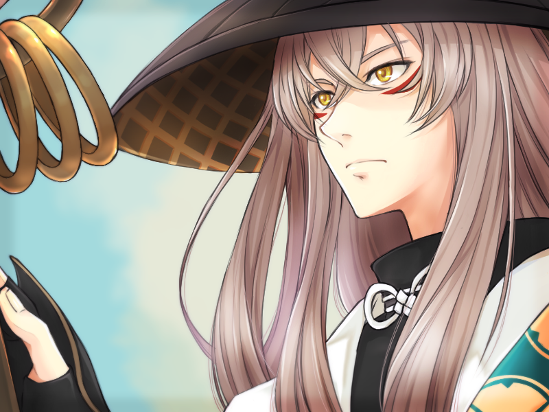 1boy aobouzu_(onmyoji) facial_mark fingerless_gloves gloves hat japanese_clothes karashi_(macaron_times) long_hair male_focus onmyoji portrait solo staff white_hair yellow_eyes