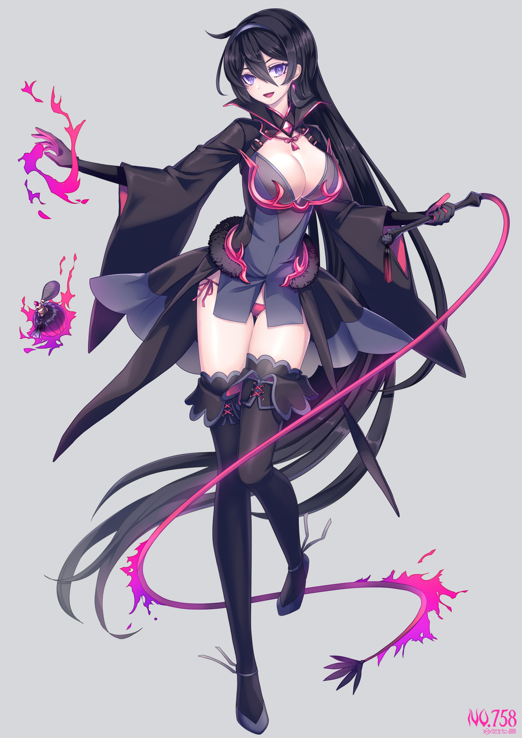 1girl bangs black_hair bottle breasts collar dress gloves grey_background highres large_breasts long_hair long_neck long_sleeves looking_at_viewer magic merlusa open_mouth panties perfume_bottle personification pokemon salazzle smile solo thigh-highs underwear very_long_hair violet_eyes whip wide_sleeves