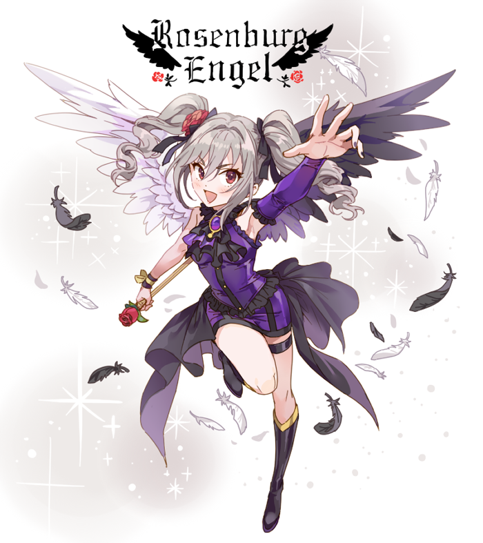 1girl angel_wings ascot asymmetrical_wings bare_shoulders black_bow blush boots bow detached_sleeve dress drill_hair feathered_wings feathers flower frills hair_bow hair_flower hair_ornament halterneck idolmaster idolmaster_cinderella_girls inzup kanzaki_ranko long_hair open_mouth outstretched_arm purple_dress red_eyes rose rosenburg_engel scepter silver_hair single_sleeve sleeveless sleeveless_dress solo sparkle thigh_strap twin_drills twintails wand wings wristband