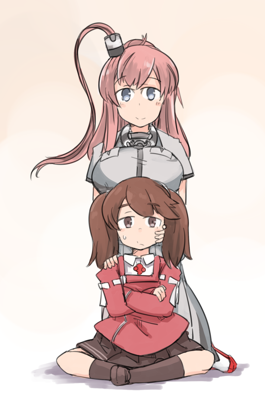2girls black_skirt blue_eyes breast_pocket breast_rest breasts breasts_on_head brown_eyes brown_hair commentary_request dress enjaku_izuku full_body gradient gradient_background grey_neckwear hair_between_eyes hand_on_another's_face highres japanese_clothes kantai_collection kariginu looking_at_viewer magatama multiple_girls neckerchief pink_background pleated_skirt pocket ponytail remodel_(kantai_collection) ryuujou_(kantai_collection) saratoga_(kantai_collection) side_ponytail sidelocks skirt twintails white_dress