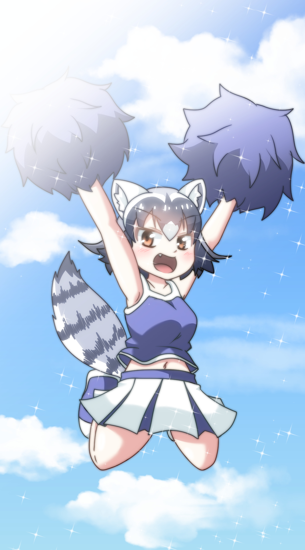 1girl alternate_costume animal_ears arms_up bare_legs bare_shoulders cheerleader common_raccoon_(kemono_friends) fang highres jumping kemono_friends kenu_hachi midriff multicolored_hair open_mouth pleated_skirt pom_poms raccoon_ears raccoon_tail short_hair skirt solo sparkle tail