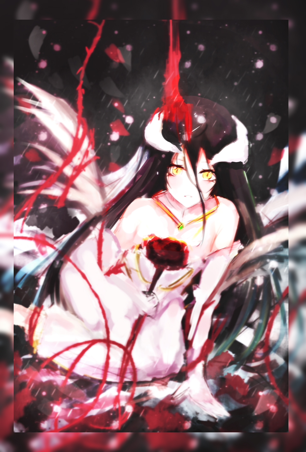 1girl albedo black_hair breasts demon_girl demon_horns demon_wings dress fyy_(fyy8494) gloves highres horns jewelry large_breasts long_hair looking_at_viewer necklace overlord_(maruyama) white_dress white_gloves wings yellow_eyes