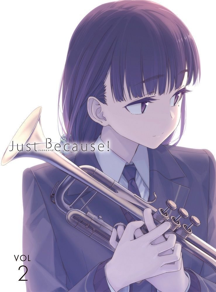 1girl bangs blu-ray_cover blunt_bangs chocolate_hair commentary_request copyright_name eyebrows_visible_through_hair himura_kiseki instrument just_because! mole mole_under_eye morikawa_hazuki school_uniform simple_background trumpet white_background