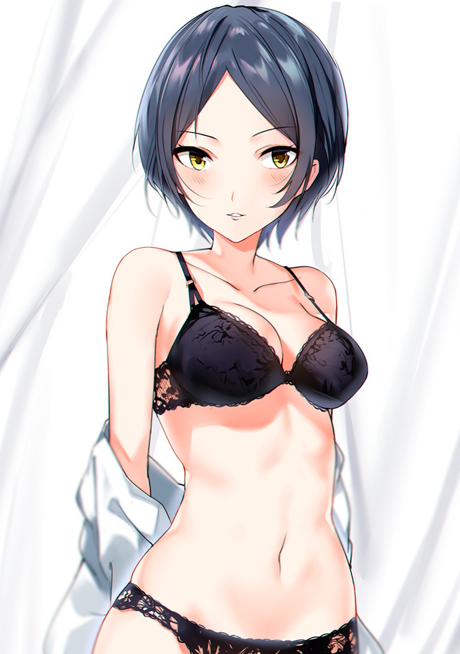 1girl bare_shoulders black_bra black_hair black_panties blush bra breasts cleavage collarbone curtains eyebrows_visible_through_hair hayami_kanade highres idolmaster idolmaster_cinderella_girls lingerie medium_breasts navel off_shoulder open_clothes open_shirt orihi_chihiro panties parted_lips seductive_smile shiny shiny_hair shirt short_hair smile solo stomach underwear undressing upper_body white_shirt yellow_eyes