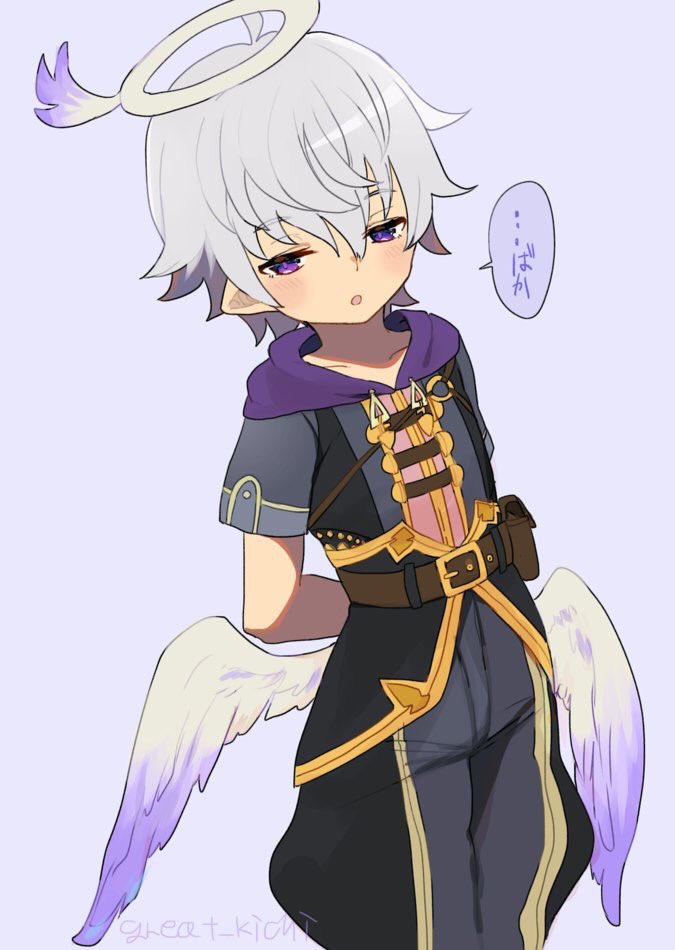 1boy angel angel_wings blush commentary great_kichi halo low_wings luke_venus male_focus mini_wings pointy_ears pop-up_story silver_hair twitter_username violet_eyes wings