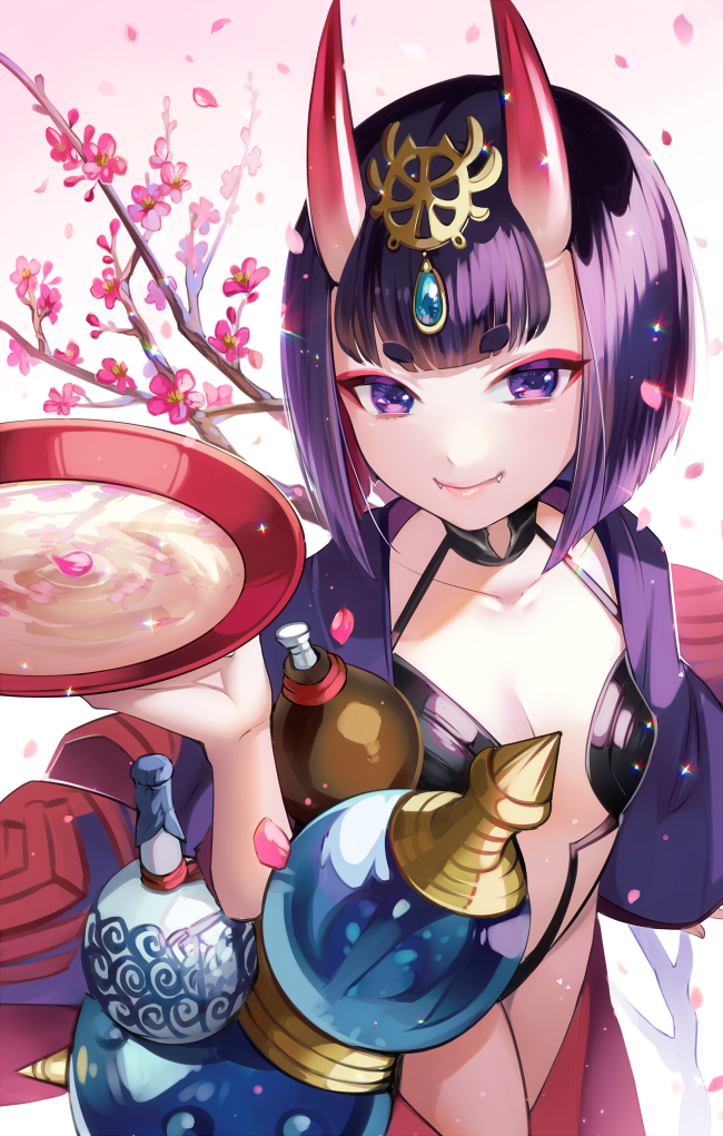 1girl alcohol bob_cut cherry_blossoms collarbone cup eyeshadow fangs fate/grand_order fate_(series) flower gourd japanese_clothes kimono looking_at_viewer makeup matsurika_youko oni oni_horns open_clothes open_kimono purple_hair purple_kimono revealing_clothes sakazuki sake short_eyebrows short_hair shuten_douji_(fate/grand_order) violet_eyes