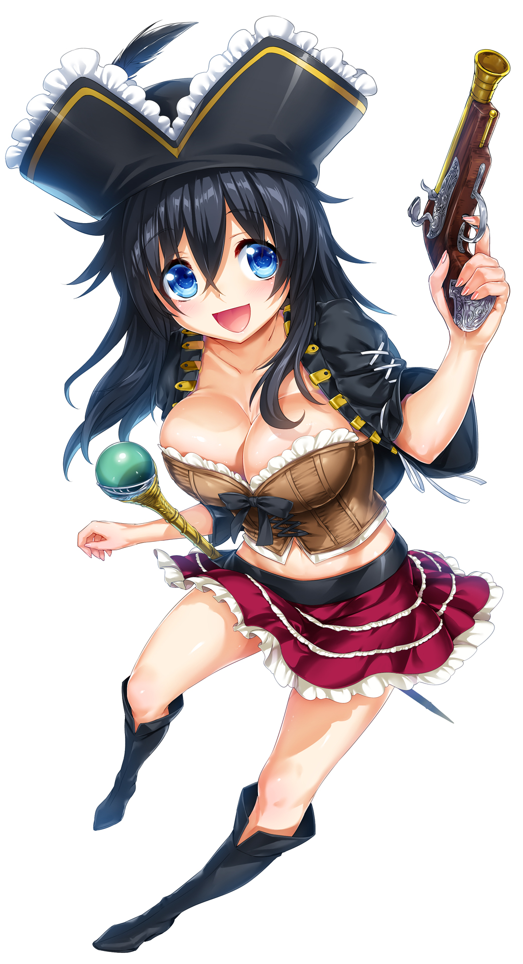 1girl :d antique_firearm black_footwear black_hair blue_eyes boots breasts cleavage collarbone commentary_request corset cover cover_page eyebrows_visible_through_hair firearm firelock flintlock full_body gun hair_between_eyes hat highres hisasi knee_boots large_breasts long_hair looking_at_viewer netoge_no_yome_wa_onna_no_ko_janai_to_omotta? novel_cover novel_illustration official_art open_mouth pirate_hat simple_background skirt smile solo staff tamaki_ako weapon white_background