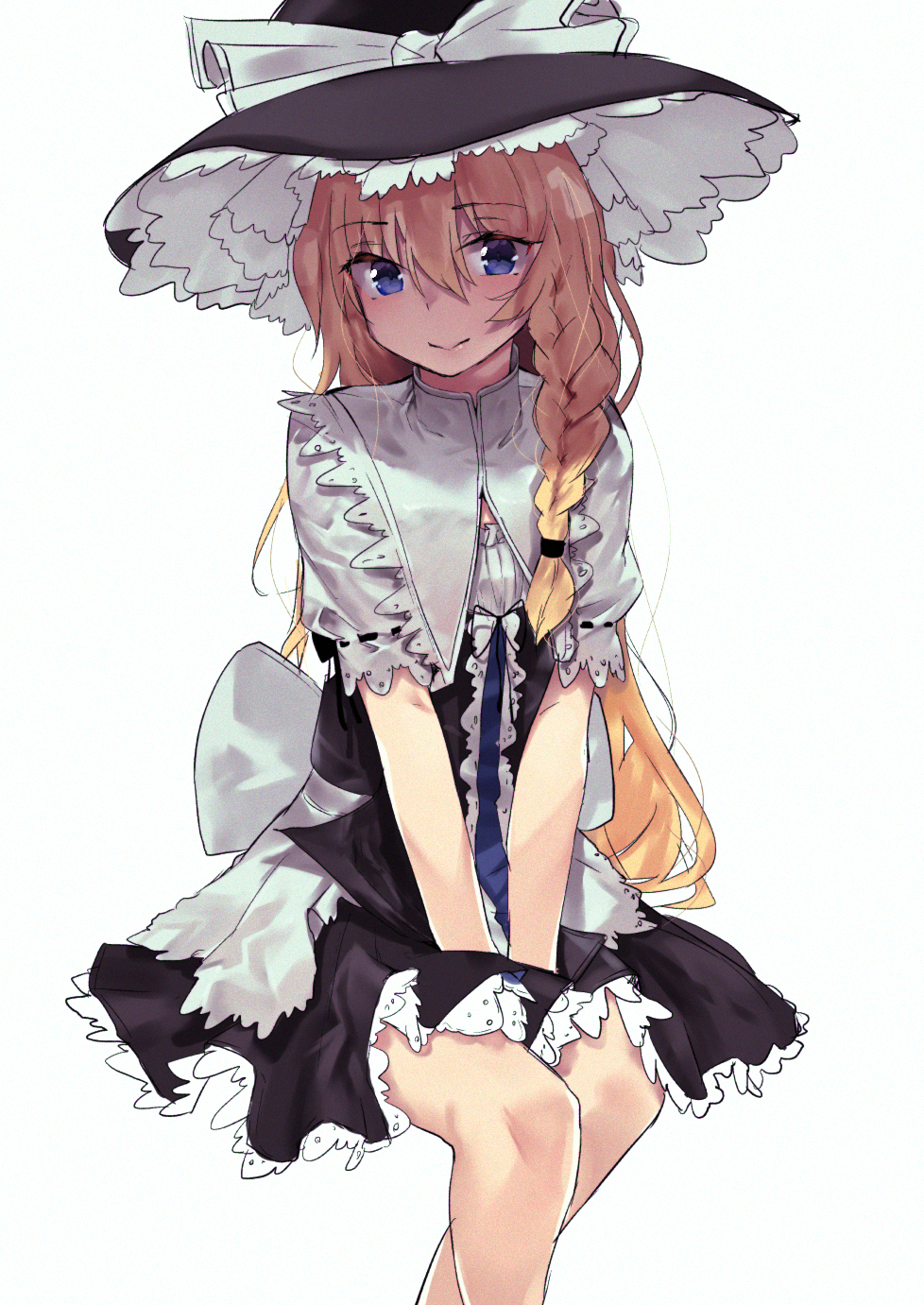 1girl asuzemu bangs between_legs black_dress blue_eyes bow braid closed_mouth dress embellished_costume eyebrows_visible_through_hair feet_out_of_frame hair_between_eyes hair_tie hand_between_legs hat hat_bow highres invisible_chair kirisame_marisa large_bow long_hair looking_at_viewer ribbon-trimmed_sleeves ribbon_trim short_sleeves side_braid sitting smile solo touhou v_arms very_long_hair white_background white_bow white_capelet witch_hat