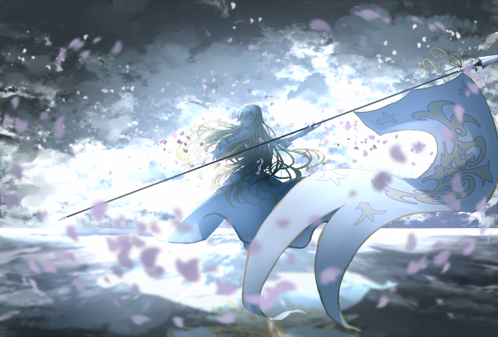 1girl banner blonde_hair closed_eyes dress fate/apocrypha fate_(series) floating_hair from_behind full_body holding holding_weapon jeanne_d'arc_(fate) jeanne_d'arc_(fate)_(all) long_hair outdoors petals solo standing very_long_hair weapon white_dress