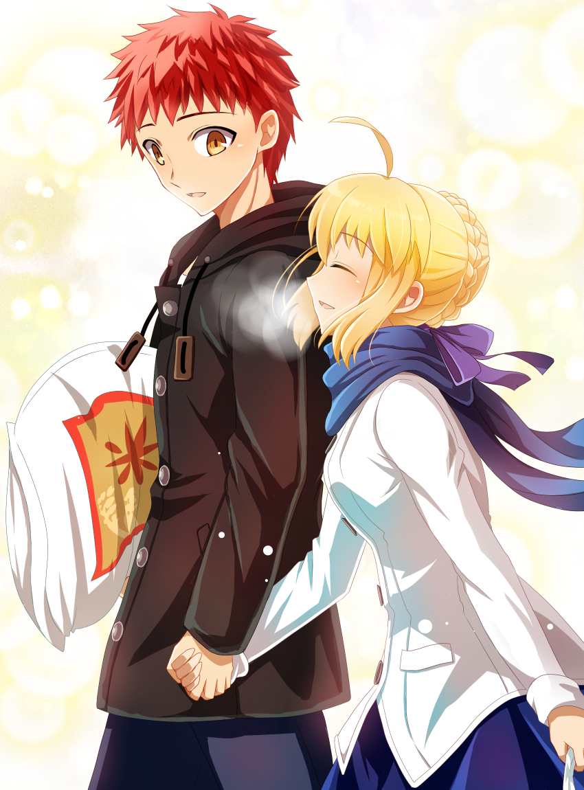 1boy 1girl ahoge artoria_pendragon_(all) black_cloak blonde_hair blue_scarf blue_skirt brown_eyes cimeri closed_eyes cowboy_shot emiya_shirou eyebrows_visible_through_hair fate/stay_night fate_(series) from_side hair_between_eyes hair_ribbon hand_holding holding hood open_mouth purple_ribbon redhead ribbon saber scarf short_hair_with_long_locks sidelocks skirt smile spiky_hair white_coat