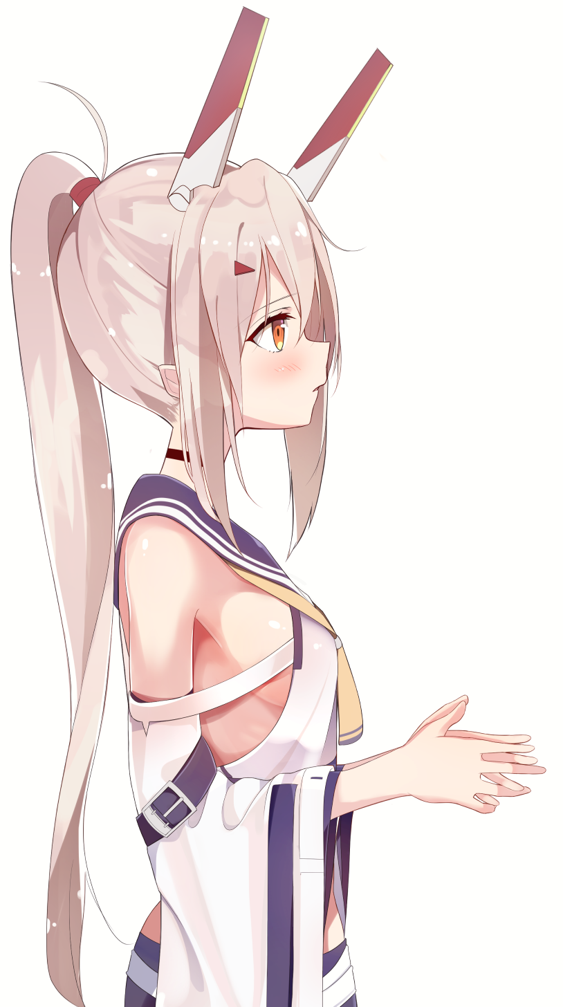 1girl ayanami_(azur_lane) azur_lane bangs blue_skirt blush breasts brown_eyes commentary_request detached_sleeves eyebrows_visible_through_hair from_side hair_between_eyes headgear high_ponytail highres light_brown_hair long_hair long_sleeves looking_away medium_breasts neckerchief own_hands_together parted_lips ponytail profile school_uniform serafuku shirousa shirt sideboob sidelocks simple_background skirt solo very_long_hair white_background white_shirt wide_sleeves yellow_neckwear