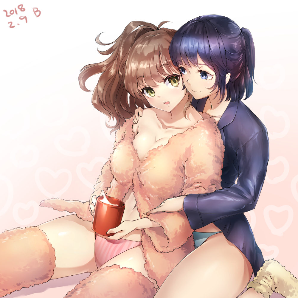 2girls behind_another blue_hair blue_panties bootie breasts brown_hair cheek-to-cheek cleavage collarbone cup dated gradient gradient_background hand_on_another's_arm hand_on_another's_shoulder leg_warmers looking_at_another looking_back medium_breasts multiple_girls naga_(getoverawall) off_shoulder open_mouth original outstretched_leg pajamas panties pink_panties robe short_hair short_ponytail side_ponytail sitting smile striped striped_panties underwear wariza yellow_eyes yuri