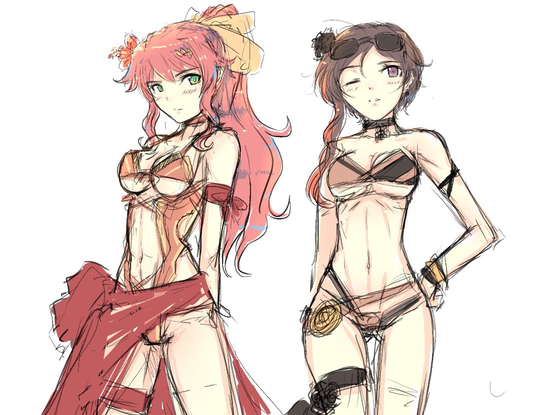 2girls bikini_bottom bikini_top brown_hair cat_with_a_brush coco_adel eyewear_on_head multiple_girls one_eye_closed pyrrha_nikos redhead rwby swimsuit