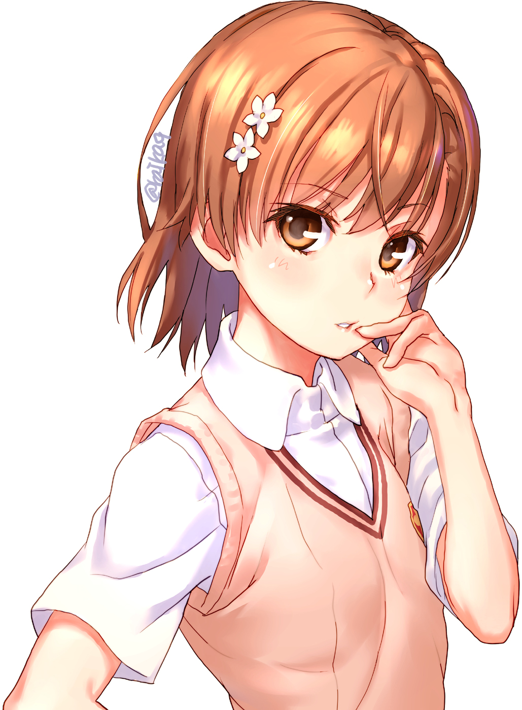 1girl brown_eyes brown_hair commentary_request dress_shirt flower hair_flower hair_ornament hand_on_own_face highres looking_at_viewer misaka_mikoto parted_lips pleated_skirt raika9 shirt short_sleeves simple_background skirt solo sweater_vest to_aru_kagaku_no_railgun to_aru_majutsu_no_index tokiwadai_school_uniform upper_body white_background