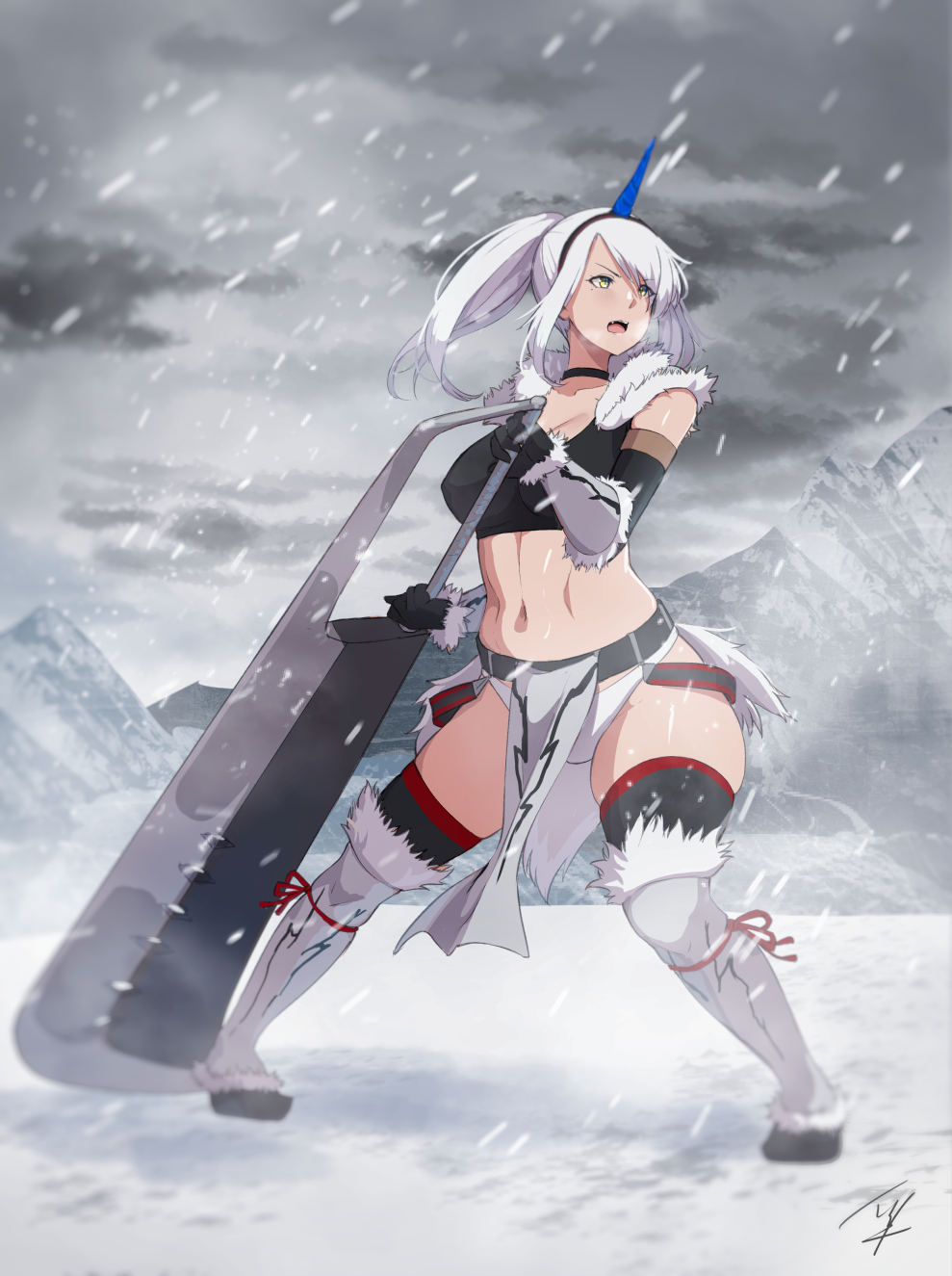 1girl black_gloves black_legwear breasts erect_nipples fur_trim gloves hayabusa highres holding holding_sword holding_weapon horn kirin_(armor) large_breasts long_hair midriff monster_hunter monster_hunter:_world mountain navel outdoors ponytail snow solo sword thigh-highs weapon white_hair white_legwear