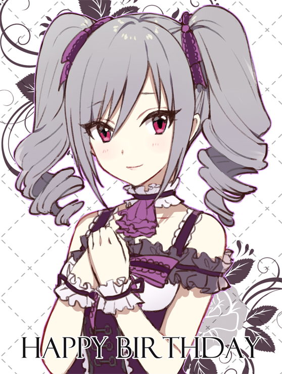 1girl bangs blush collar collarbone cravat dress drill_hair floral_print frilled_collar frills grey_hair haikimono_shounen hair_ribbon hands_together happy_birthday idolmaster idolmaster_cinderella_girls kanzaki_ranko leaf_print lolita_fashion long_hair looking_at_viewer purple_dress purple_neckwear purple_ribbon red_eyes ribbon rose_print smile solo swept_bangs twin_drills twintails wrist_cuffs