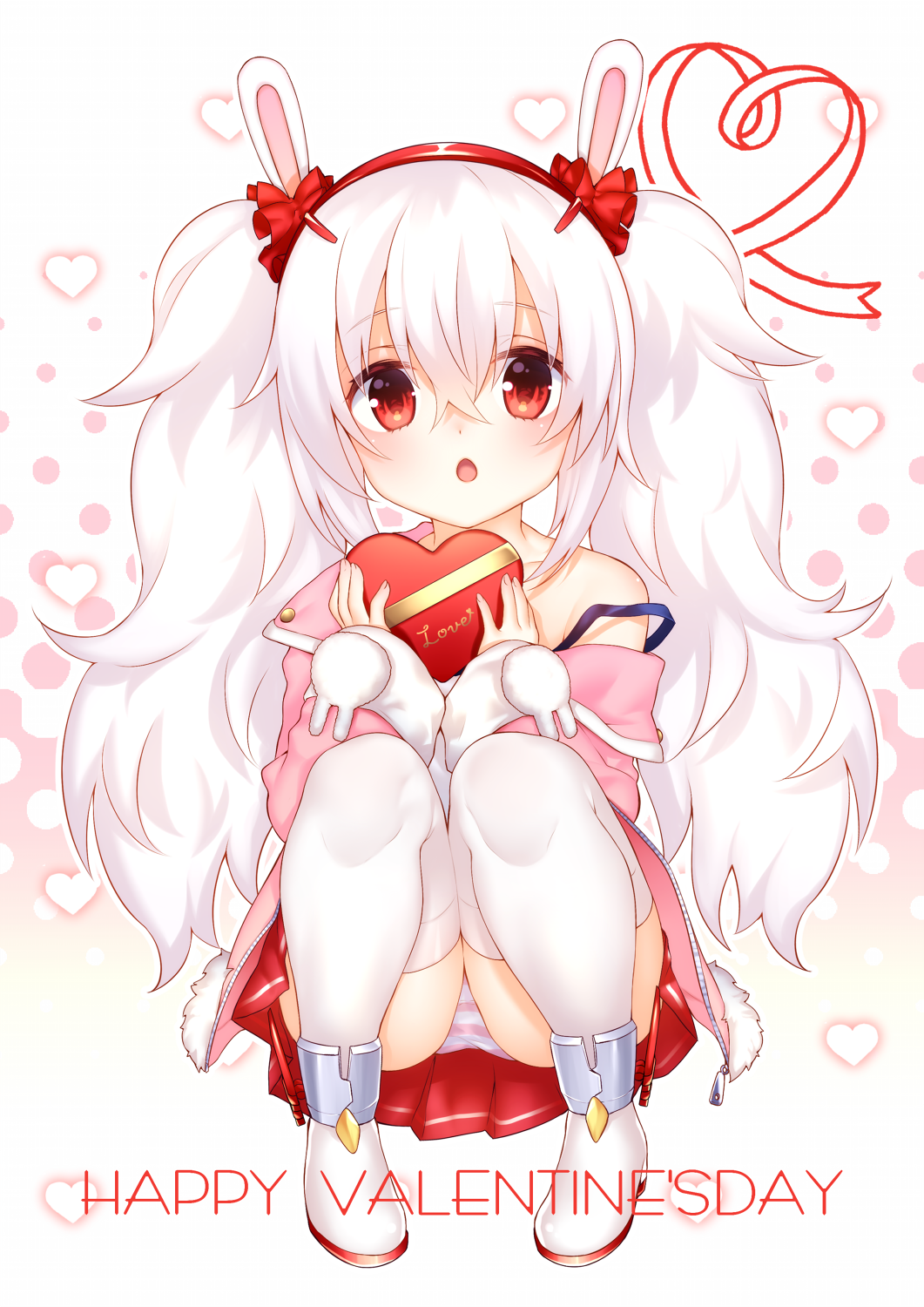 1girl :o animal_ears azur_lane bangs box camisole chihiro_(khorosho) chocolate chocolate_heart commentary_request eyebrows_visible_through_hair gift gift_box hair_between_eyes hair_ornament hairband heart heart-shaped_box highres holding holding_gift jacket laffey_(azur_lane) long_hair long_sleeves looking_at_viewer off_shoulder panties pantyshot pantyshot_(squatting) parted_lips pink_jacket pleated_skirt rabbit_ears red_eyes red_hairband shoes silver_hair simple_background sitting skirt sleeves_past_wrists solo squatting strap_slip striped striped_panties thigh-highs twintails underwear very_long_hair white_camisole white_footwear white_legwear zettai_ryouiki
