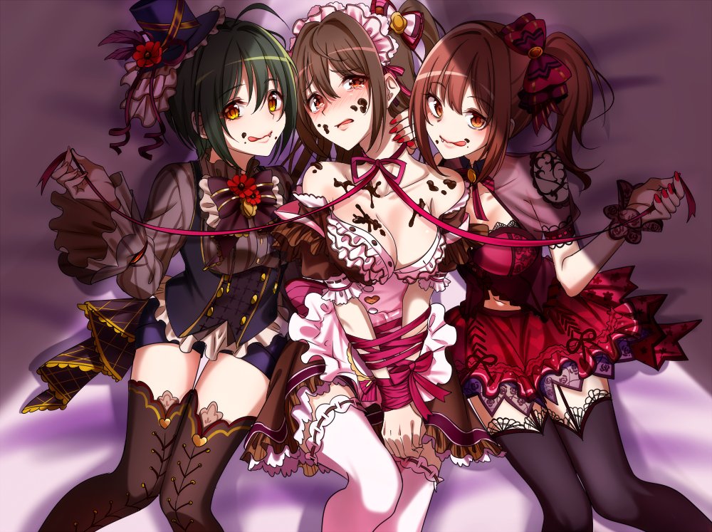 3girls ahoge black_hair black_legwear blush bound brown_eyes brown_hair chocolate idolmaster idolmaster_cinderella_girls igarashi_kyouko kohinata_miho multiple_girls one_side_up orange_eyes ribbon shimamura_uzuki short_hair side_ponytail tears thigh-highs white_legwear yodare_(3yami8)