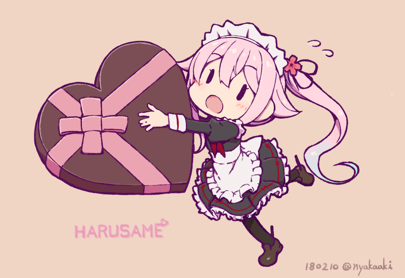 1girl :d alternate_costume apron black_legwear character_name chibi chocolate chocolate_heart commentary_request enmaided flying_sweatdrops harusame_(kantai_collection) heart kantai_collection long_hair looking_at_viewer maid maid_apron maid_headdress mumyoudou open_mouth pantyhose pink_hair side_ponytail simple_background smile solo standing standing_on_one_leg