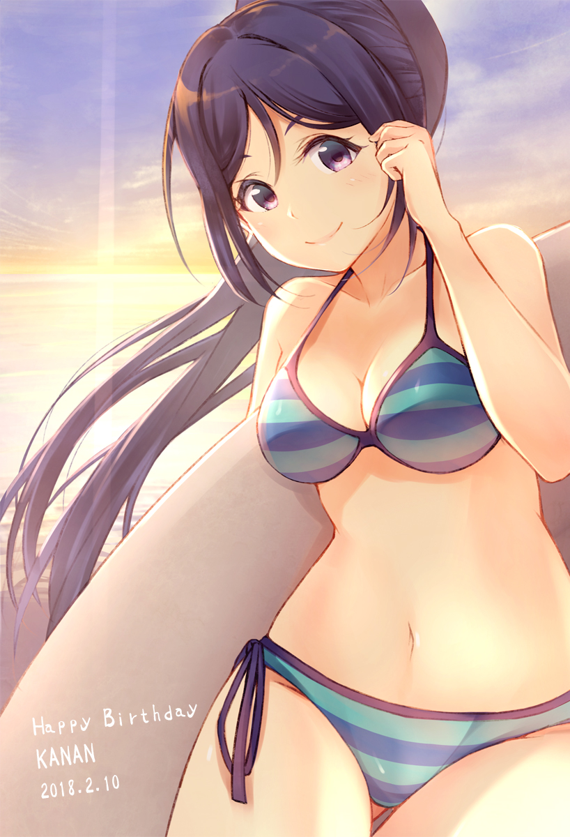 1girl bikini blue_hair breasts character_name cleavage cowengium dated diffraction_spikes hair_tucking halterneck happy_birthday highres long_hair looking_at_viewer love_live! love_live!_sunshine!! matsuura_kanan medium_breasts midriff navel ponytail side-tie_bikini smile solo striped striped_bikini swimsuit violet_eyes