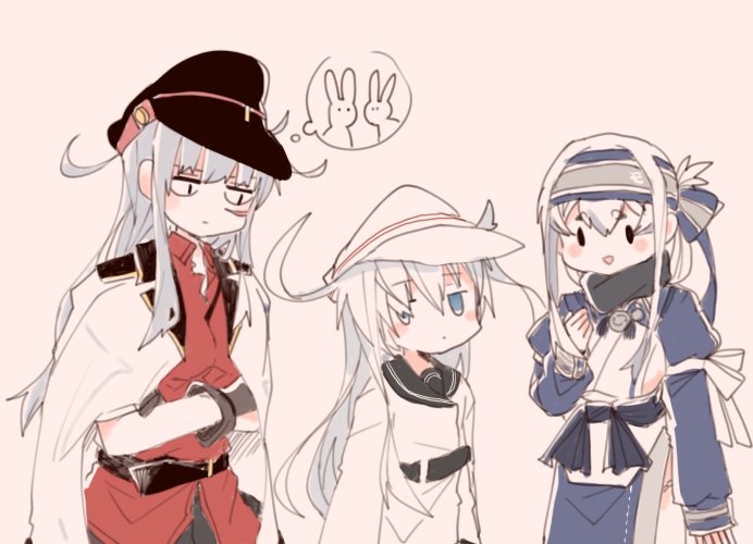 3girls ainu_clothes animal blue_eyes blue_hair blush breasts brown_gloves closed_eyes closed_mouth commentary_request dress gangut_(kantai_collection) gloves grey_hair hair_between_eyes hair_ornament hairclip hat headband hibiki_(kantai_collection) itomugi-kun jacket jacket_on_shoulders kamoi_(kantai_collection) kantai_collection long_hair looking_at_another medium_breasts military military_uniform multicolored_hair multiple_girls naval_uniform no_hat no_headwear ponytail rabbit red_eyes red_shirt remodel_(kantai_collection) sailor_collar sailor_dress sailor_hat scar scar_on_cheek school_uniform serafuku shirt silver_hair simple_background translation_request uniform verniy_(kantai_collection) white_hair