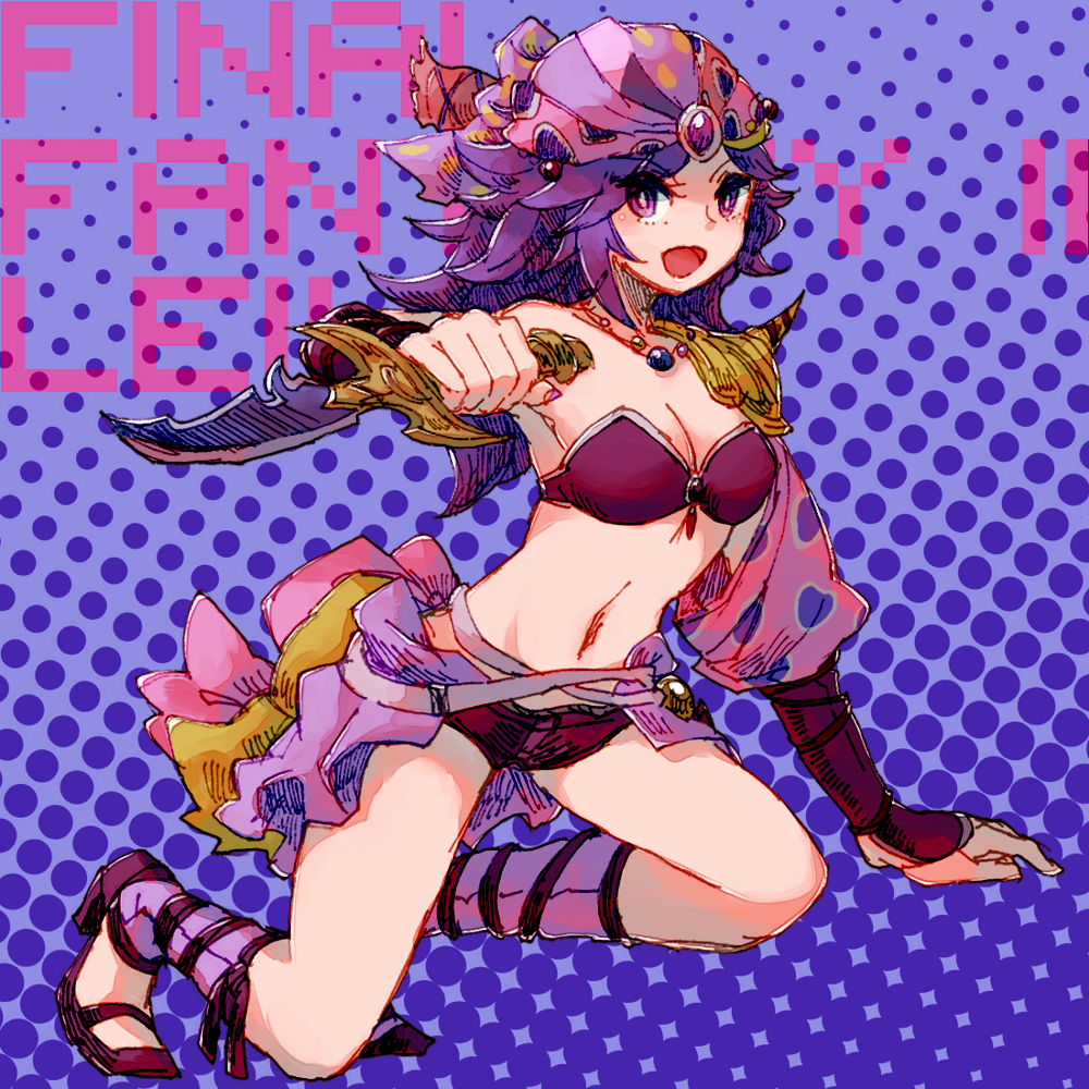 1girl :d armor bandanna bare_shoulders bikini_top black_footwear blush breasts bright_pupils character_name cleavage collarbone copyright_name dagger eyebrows eyebrows_visible_through_hair eyelashes eyes_visible_through_hair facing_away final_fantasy final_fantasy_ii gem groin high_heels holding holding_dagger holding_weapon jewelry leila long_hair medium_breasts midriff navel necklace open_mouth pirate purple_bikini_top purple_hair purple_legwear purple_shorts shoes short_shorts shorts shoulder_armor single_bare_shoulder smile socks solo spikes stomach strapless sunagimo_(nagimo) text tongue violet_eyes weapon white_pupils