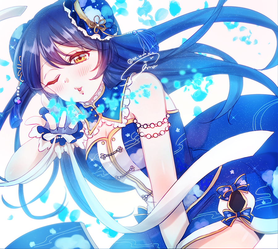 1girl bangs bare_shoulders blue_hair blush breasts bun_cover china_dress chinese_clothes cleavage commentary_request cowboy_shot double_bun dress eyebrows_visible_through_hair fingerless_gloves floating_hair gloves hair_between_eyes long_hair looking_at_viewer love_live! love_live!_school_idol_festival love_live!_school_idol_project one_eye_closed open_mouth ribbon shima_(mahirooon) shorts sleeveless solo sonoda_umi yellow_eyes