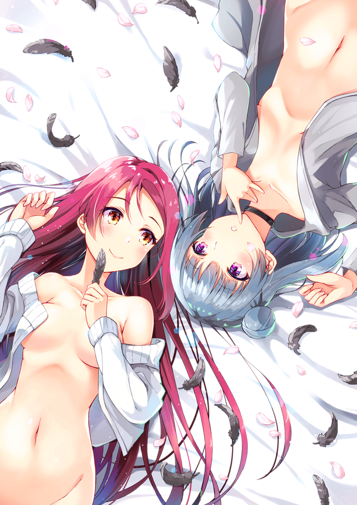 2girls bed_sheet black_feathers blush breasts brown_eyes cardigan choker cleavage collarbone from_above grey_sweater groin hair_between_eyes holding_feather long_hair love_live! love_live!_sunshine!! medium_breasts multiple_girls navel open_cardigan open_clothes open_mouth petals redhead sakurauchi_riko small_breasts smile sweater syuurin tsushima_yoshiko under_boob very_long_hair violet_eyes white_sweater