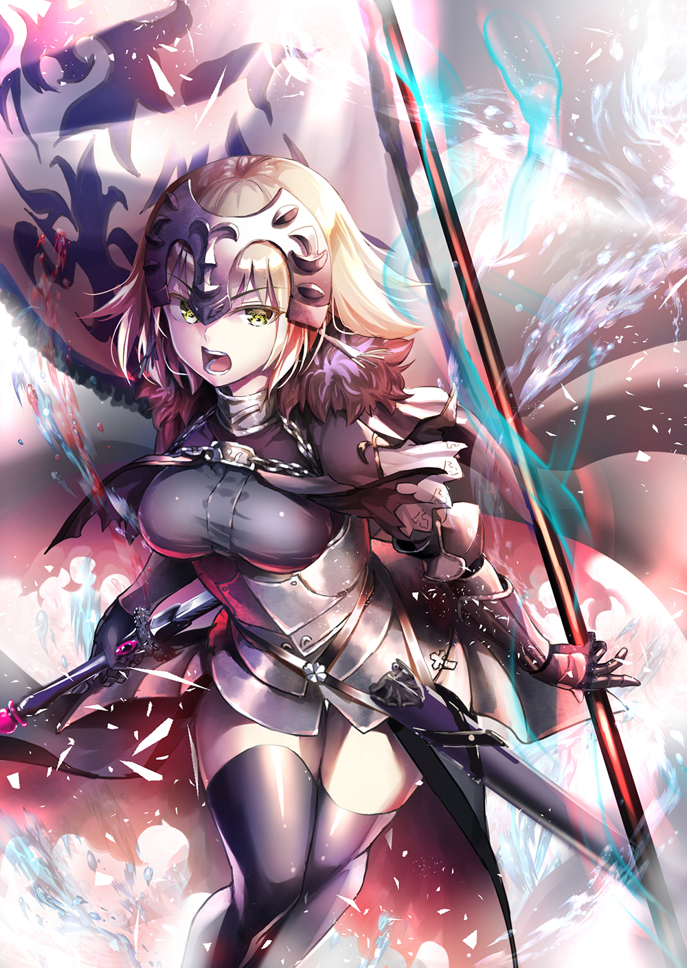 1girl armor armored_dress bangs black_dress black_legwear blonde_hair breasts chains commentary_request dress eyebrows_visible_through_hair fate/apocrypha fate/grand_order fate_(series) fur_trim gauntlets headpiece highres holding holding_sword holding_weapon jeanne_d'arc_(alter)_(fate) jeanne_d'arc_(fate)_(all) large_breasts looking_at_viewer open_mouth sheath solo suishougensou sword thigh-highs v-shaped_eyebrows weapon yellow_eyes