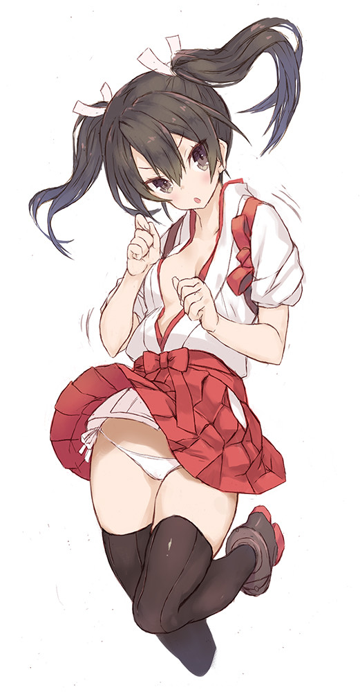 &gt;:o 1girl black_hair black_legwear blush breasts brown_eyes goekawa hakama_skirt japanese_clothes kantai_collection long_hair looking_at_viewer open_clothes open_shirt panties shirt side-tie_panties simple_background small_breasts solo thigh-highs twintails underwear white_background white_panties zuikaku_(kantai_collection)