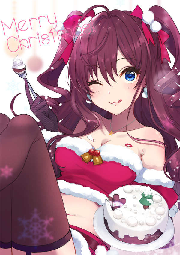 1girl :3 ahoge bangs bare_shoulders bell belt blue_eyes blush breasts brown_gloves brown_hair brown_legwear cake chocolate_cake christmas cleavage collarbone earrings elbow_gloves eyelashes food fork fur_trim garter_straps gloves haikimono_shounen hair_between_eyes hair_ribbon ichinose_shiki icing idolmaster idolmaster_cinderella_girls jewelry jingle_bell licking_lips lipstick_mark long_hair looking_at_viewer medium_breasts merry_christmas midriff navel necklace one_eye_closed plate red_ribbon red_skirt ribbon skirt smile snowflakes solo thigh-highs tongue tongue_out two_side_up wavy_hair