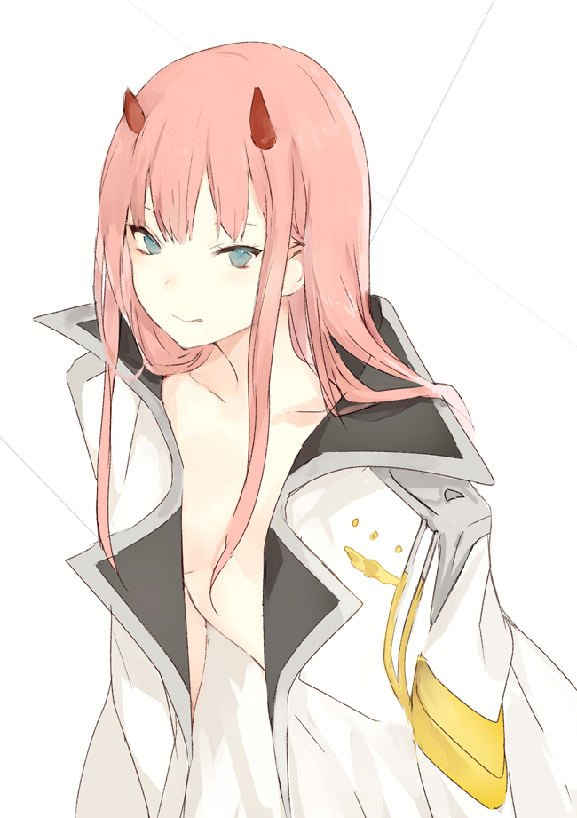 1girl bangs blue_eyes breasts closed_mouth collarbone darling_in_the_franxx horns jacket_on_shoulders licking_lips long_hair looking_at_viewer lpip medium_breasts military_jacket naked_coat pink_hair solo tongue tongue_out white_background white_coat zero_two_(darling_in_the_franxx)
