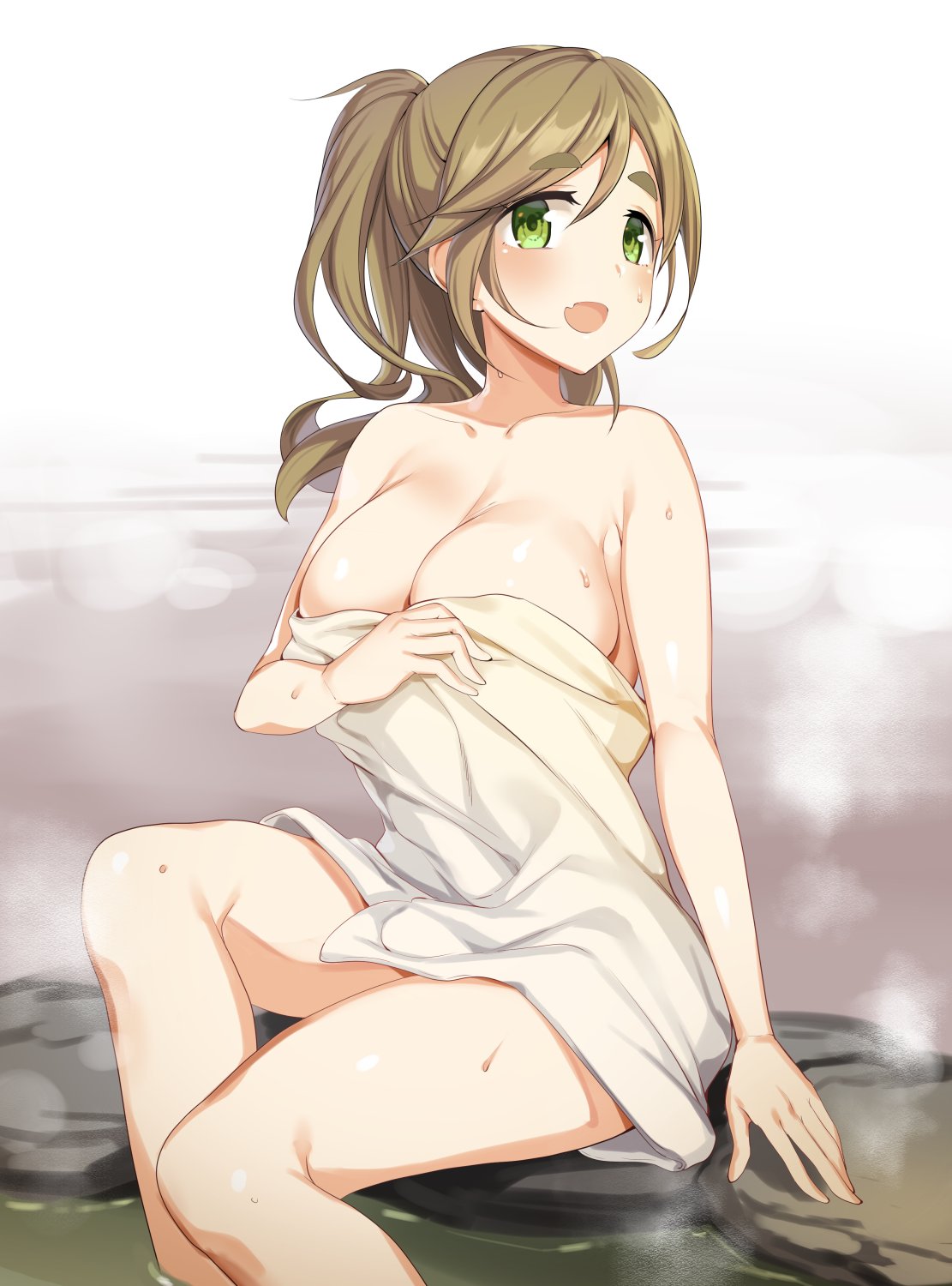 1girl :d blush breasts brown_hair cleavage covering eyebrows_visible_through_hair fang green_eyes hand_on_own_chest highres ikomochi inuyama_aoi large_breasts naked_towel nude_cover onsen open_mouth ponytail sitting smile soaking_feet solo steam thick_eyebrows towel wet yurucamp