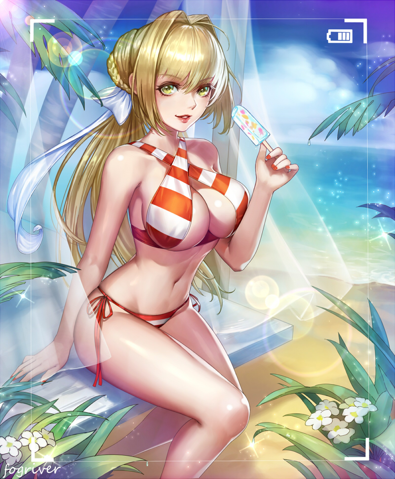 1girl artist_name beach bikini blonde_hair blue_sky breasts clouds day fate/grand_order fate_(series) flower fogriver food green_eyes large_breasts lips long_hair looking_at_viewer navel nero_claudius_(fate)_(all) nero_claudius_(swimsuit_caster)_(fate) ocean ponytail popsicle side-tie_bikini sitting sky solo striped striped_bikini swimsuit