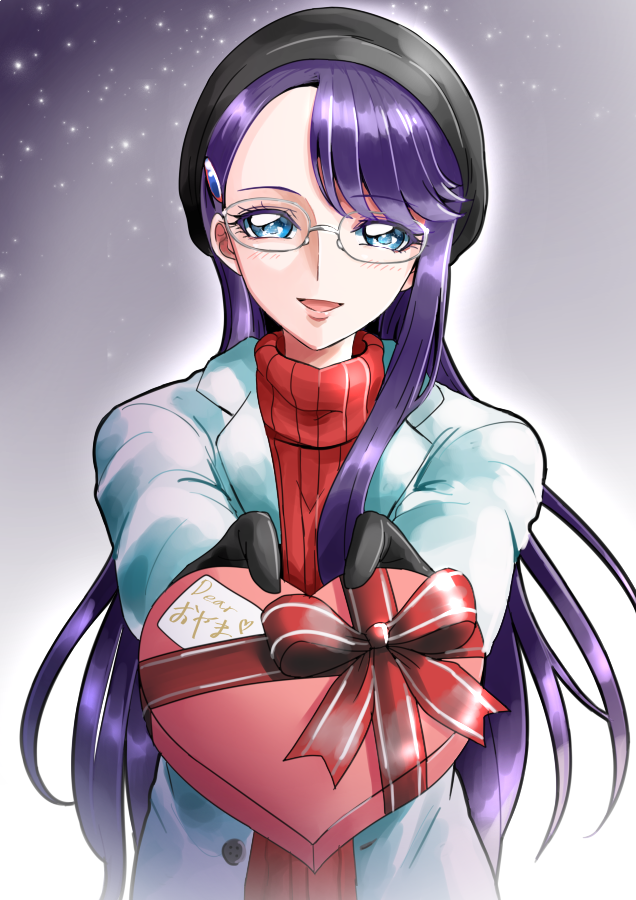 1girl black_gloves black_hat blue_eyes bow box gacchahero gift gift_box giving glasses gloves gradient gradient_background grey_background hair_ornament hairclip hat heart-shaped_box heartcatch_precure! long_hair looking_at_viewer precure purple_hair red_sweater simple_background smile solo tsukikage_yuri upper_body valentine white_background white_coat