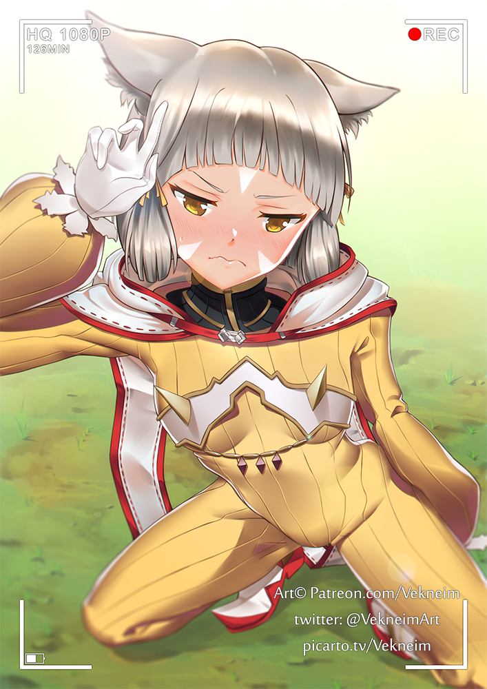 1girl animal_ears bangs blunt_bangs blush bodysuit breasts cloak closed_eyes facial_mark gloves grass half-closed_eyes hood hooded_cloak looking_at_viewer niyah outdoors recording shiny shiny_hair silver_hair small_breasts squatting sweatdrop vekneim watermark wavy_mouth web_address white_gloves xenoblade xenoblade_2 yellow_eyes