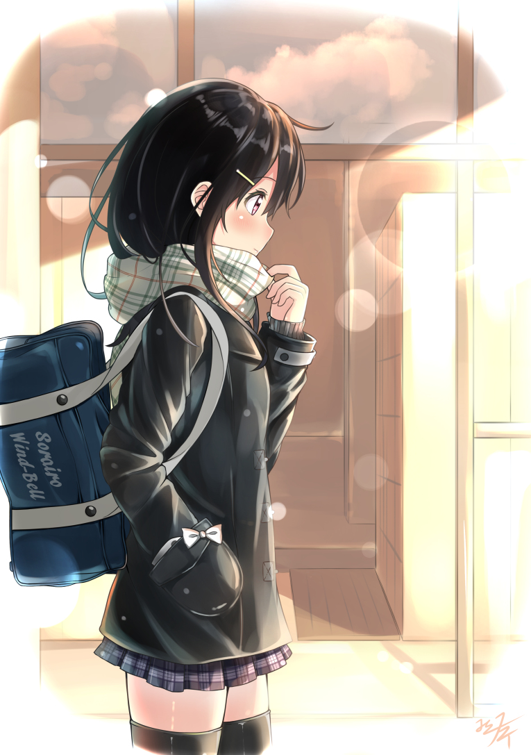 1girl adjusting_scarf bag black_hair coat commentary_request grey_eyes hair_ornament hairpin hand_in_pocket long_hair looking_away mikoillust original pleated_skirt scarf school_bag school_uniform skirt smile solo thigh-highs winter_clothes winter_coat zettai_ryouiki