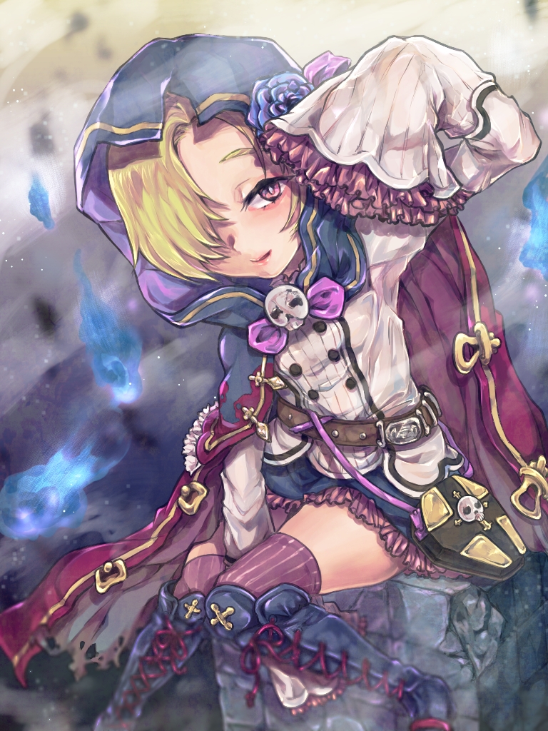 1girl bag belt blonde_hair blouse blue_flower blue_rose boots cloak commentary_request cross-laced_footwear fire flower frilled_skirt frilled_sleeves frills granblue_fantasy hair_over_one_eye handbag hood hooded_cloak idolmaster idolmaster_cinderella_girls knee_boots miniskirt parted_lips red_eyes rose shirasaka_koume short_hair sitting skirt skull sleeves_past_fingers sleeves_past_wrists smile solo taremayu_(kikai_tomato) thigh-highs tombstone zettai_ryouiki